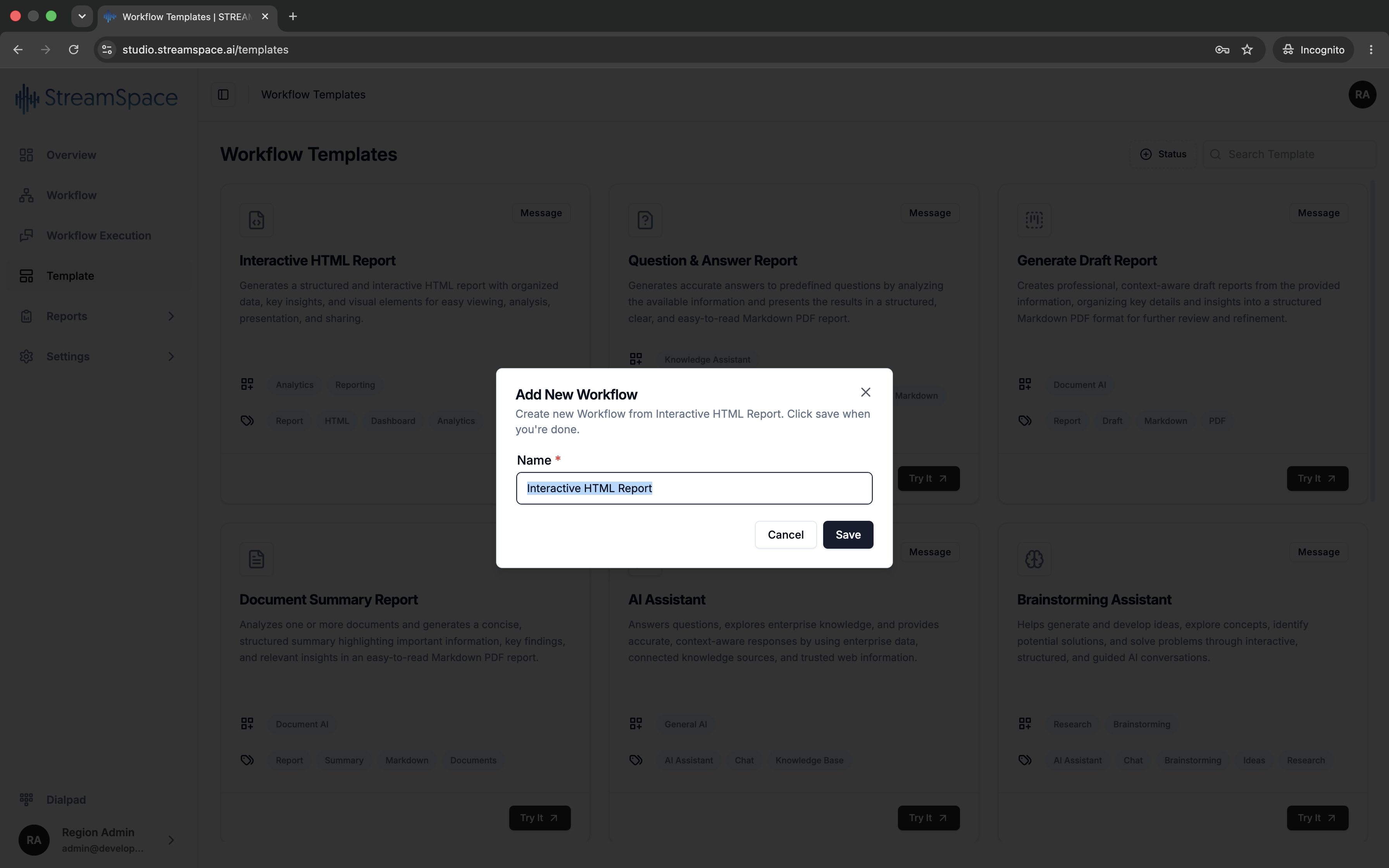 Add New Workflow popup