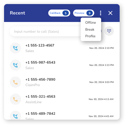 Agent Dashboard - Dialpad - Recent Call List Popup