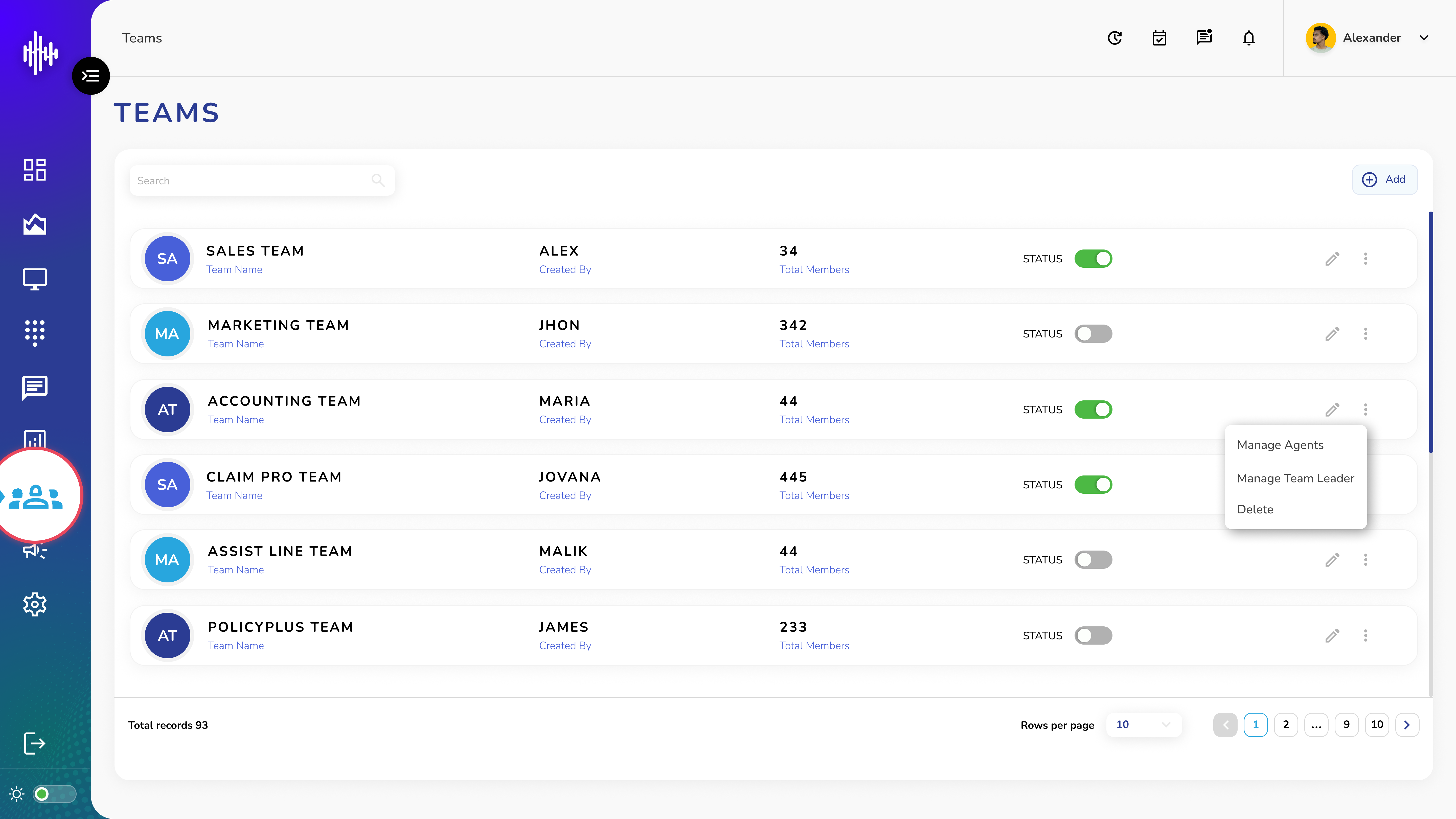 Teams Listing Screen